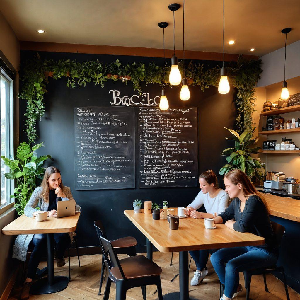A cozy café setting with a diverse group of people sharing tips, with a chalkboard filled with insights about Bacelo. Soft warm lighting to create an inviting atmosphere, surrounded by plants and interactive elements like tablets showing community posts. The scene conveys collaboration and learning, with steaming cups of coffee and pastries on the table. super-realistic. warm colors. inviting atmosphere.