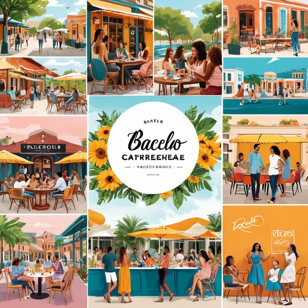 A vibrant collage showcasing various elements of the Bacelo lifestyle including fashion trends, delicious food, and community gatherings. Feature diverse people engaging in activities like dancing, dining, and socializing in a warm, inviting atmosphere. Add a backdrop of stylish cafes and parks, with an emphasis on trendy accessories and lifestyle products, all exuding a sense of community and inspiration. colorful and dynamic. vector art.